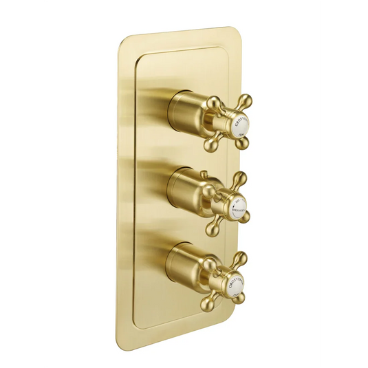 JTP Grosvenor Cross Vertical Thermostatic Concealed 3 Outlets Shower Valve Triple Handle - Brushed Brass - 76691BBR - Envy Bathrooms Ltd