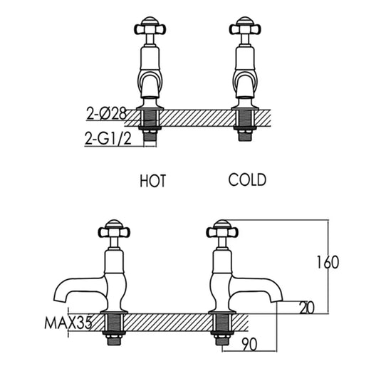 JTP Grosvenor Deck Mounted Basin Taps Pair - Antique Brass - Envy Bathrooms Ltd