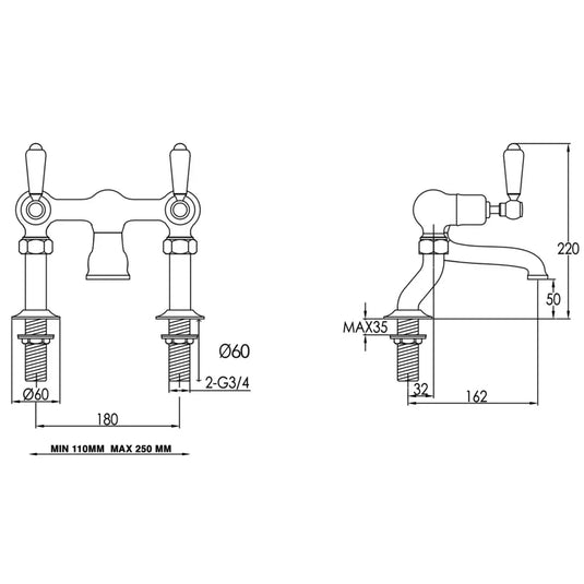 JTP Grosvenor Deck Mounted Bath Filler Tap - Lever Handle - Nickel - Envy Bathrooms Ltd