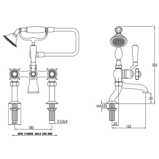 JTP Grosvenor Deck Mounted Bath Shower Mixer Tap Pinch Handle with Kit - Chrome/Black - Envy Bathrooms Ltd