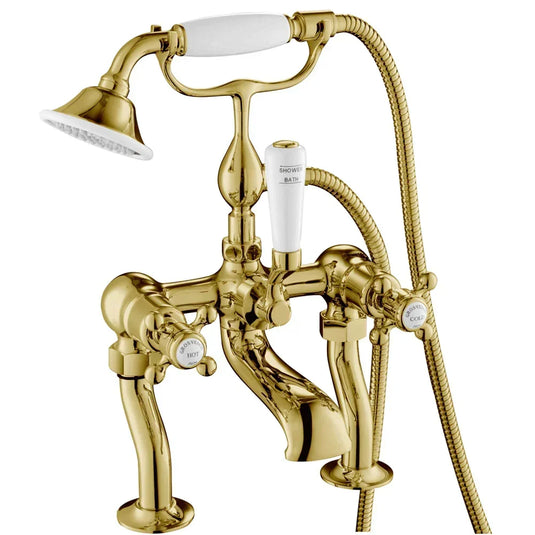 JTP Grosvenor Deck Mounted Bath Shower Mixer Tap with Shower Kit - Antique Brass - Envy Bathrooms Ltd