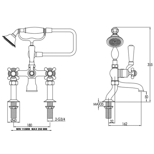 JTP Grosvenor Deck Mounted Bath Shower Mixer Tap with Shower Kit - Antique Brass - Envy Bathrooms Ltd