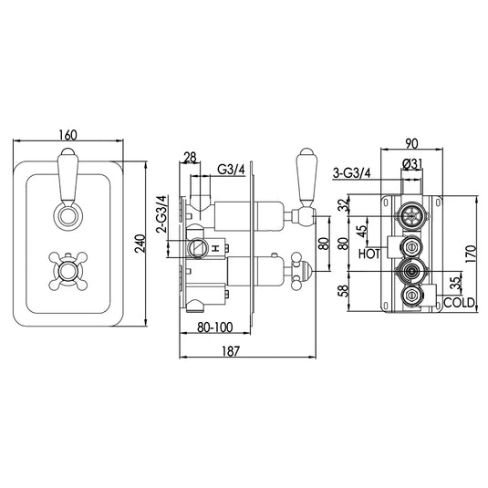 JTP Grosvenor Lever Vertical Thermostatic Concealed 1 Outlet Shower Valve Dual Handle - Gold/White - Envy Bathrooms Ltd