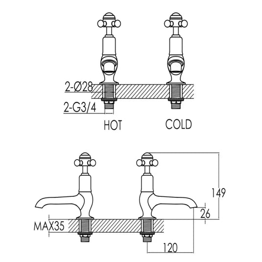 JTP Grosvenor Long Nose Basin Taps Pair Cross Handle - Antique Brass - Envy Bathrooms Ltd