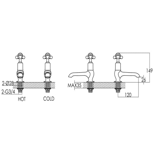 JTP Grosvenor Long Nose Basin Taps Pair Cross Handle - Chrome/Black - Envy Bathrooms Ltd