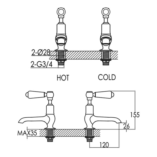 JTP Grosvenor Long Nose Basin Taps Pair Lever Handle - Antique Brass - Envy Bathrooms Ltd