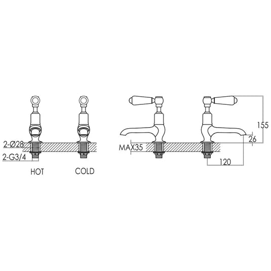 JTP Grosvenor Long Nose Basin Taps Pair Lever Handle - Chrome/Black - Envy Bathrooms Ltd