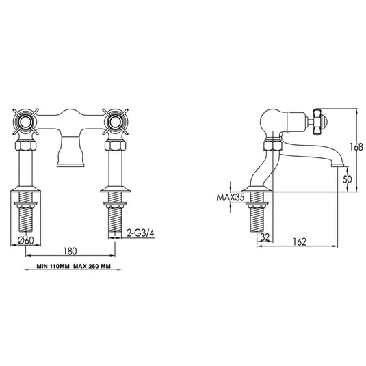JTP Grosvenor Pillar Mounted Bath Filler Tap Pinch Handle - Chrome - Envy Bathrooms Ltd