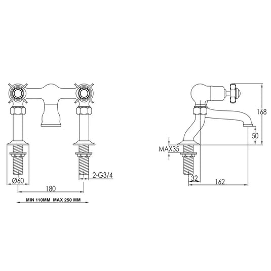 JTP Grosvenor Pillar Mounted Bath Filler Tap Pinch Handle - Chrome/Black - Envy Bathrooms Ltd