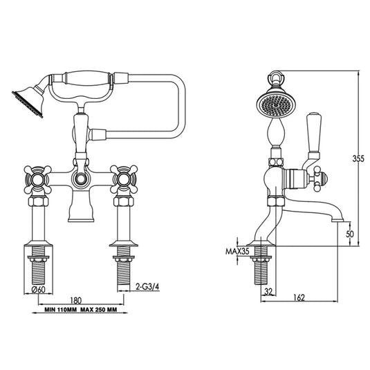 JTP Grosvenor Pillar Mounted Bath Shower Mixer Tap Cross Handle with Kit - Chrome/Black - Envy Bathrooms Ltd