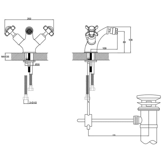 JTP Grosvenor Pinch Bidet Mixer Tap with Pop Up Waste - Antique Brass - Envy Bathrooms Ltd