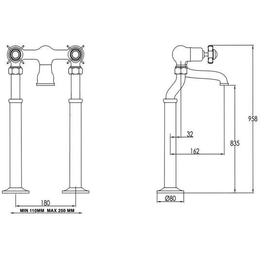 JTP Grosvenor Pinch Freestanding Bath Filler Tap - Antique Brass - Envy Bathrooms Ltd