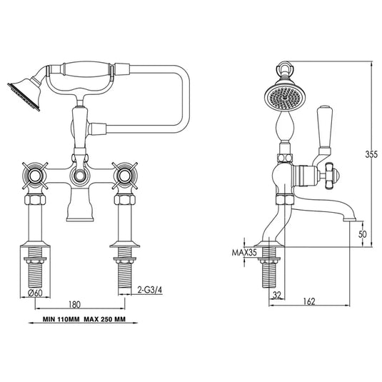 JTP Grosvenor Pinch Handle Bath Shower Mixer Tap with Shower Kit - Antique Brass - Envy Bathrooms Ltd