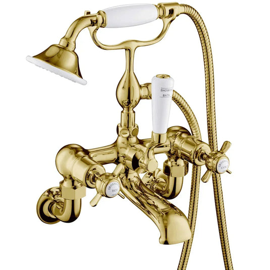 JTP Grosvenor Pinch Handle Wall Mounted Bath Shower Mixer Tap with Shower Kit - Antique Brass - Envy Bathrooms Ltd