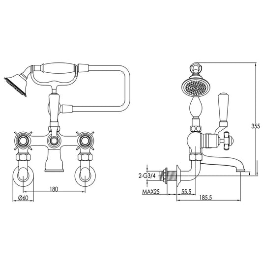 JTP Grosvenor Pinch Handle Wall Mounted Bath Shower Mixer Tap with Shower Kit - Antique Brass - Envy Bathrooms Ltd