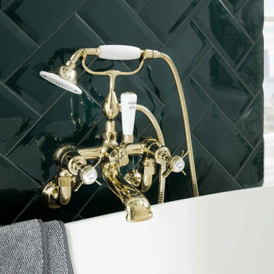 JTP Grosvenor Pinch Handle Wall Mounted Bath Shower Mixer Tap with Shower Kit - Antique Brass - Envy Bathrooms Ltd