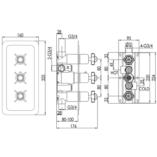 JTP Grosvenor Pinch Vertical Thermostatic Concealed 2 Outlets Shower Valve Triple Handle - Chrome - Envy Bathrooms Ltd