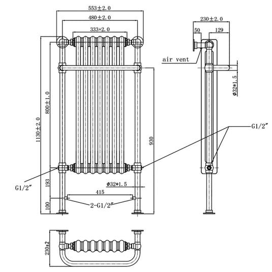 JTP Grosvenor Radiator Heated Towel Rail 1130mm H x 553mm W - Antique Brass - Envy Bathrooms Ltd