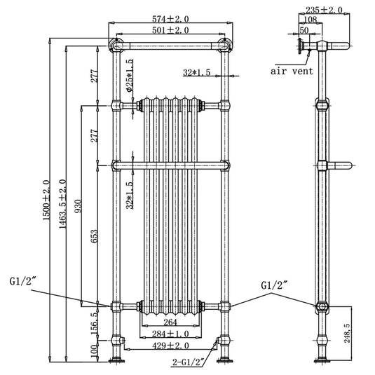 JTP Grosvenor Radiator Heated Towel Rail 1500mm H x 574mm W - Antique Brass - Envy Bathrooms Ltd