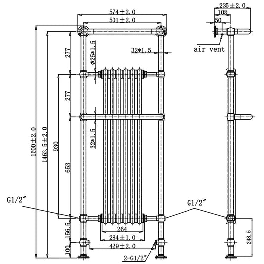 JTP Grosvenor Radiator Heated Towel Rail 1500mm H x 574mm W - Chrome - Envy Bathrooms Ltd