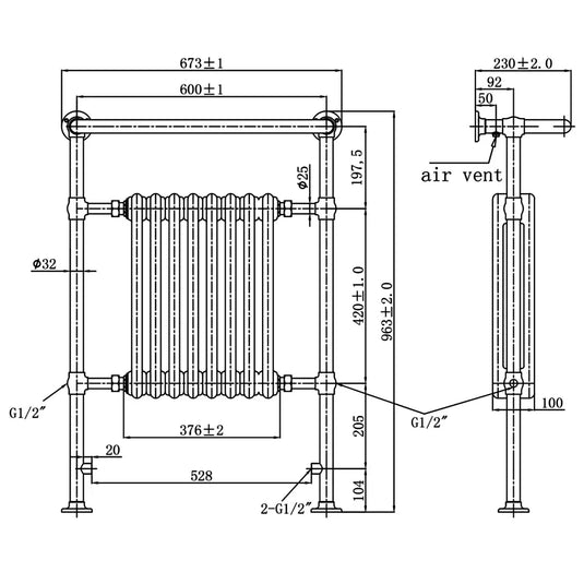 JTP Grosvenor Radiator Heated Towel Rail 963mm H x 673mm W - Antique Brass - Envy Bathrooms Ltd