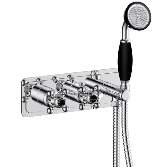 JTP Grosvenor Thermostatic Concealed Shower Valve Dual Cross Handle with Handset - Chrome/Black - Envy Bathrooms Ltd
