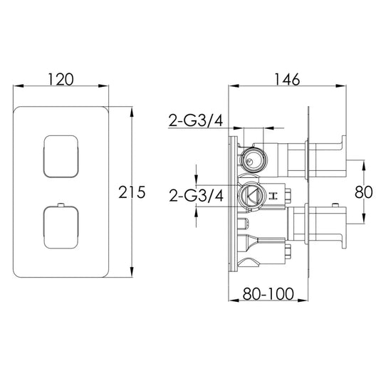 JTP Hix 2-Outlet Dual Handle Thermostatic Concealed Shower Valve - Brushed Brass PVD - Envy Bathrooms Ltd