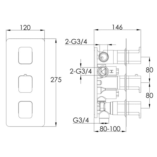 JTP Hix 3-Outlet Triple Handle Thermostatic Concealed Shower Valve - Brushed Brass PVD - Envy Bathrooms Ltd
