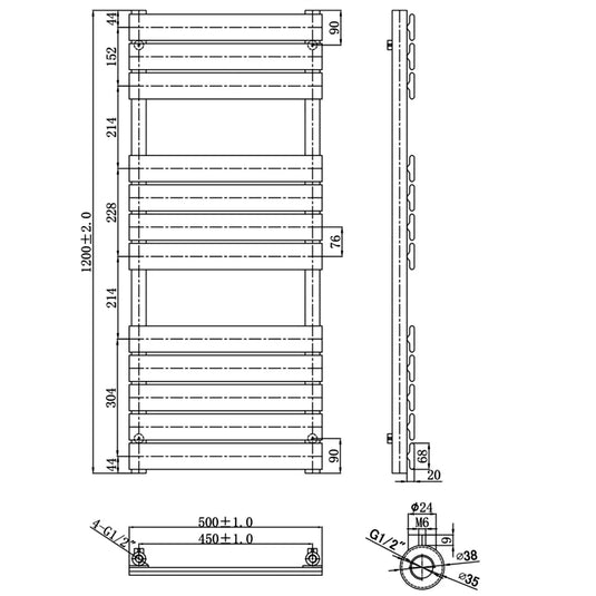 JTP Hix Designer Heated Towel Rail 1200mm H x 500mm W - Brushed Brass - Envy Bathrooms Ltd