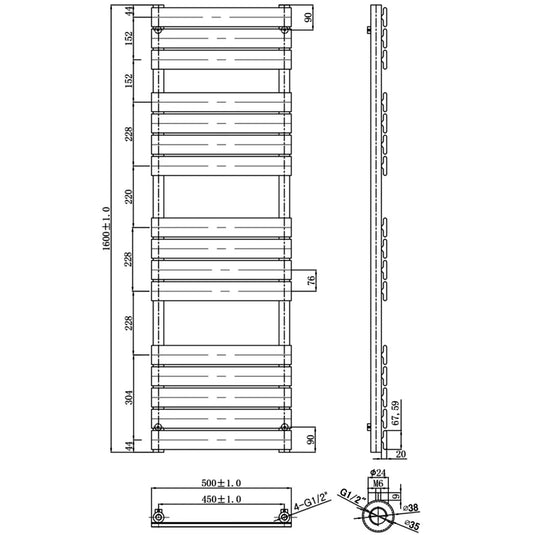 JTP Hix Designer Heated Towel Rail 1600mm H x 500mm W - Brushed Brass - Envy Bathrooms Ltd