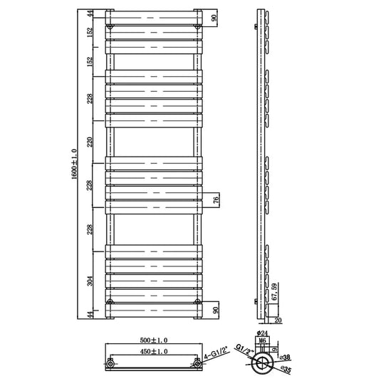 JTP Hix Designer Heated Towel Rail 1600mm H x 500mm W - Matt Black - Envy Bathrooms Ltd