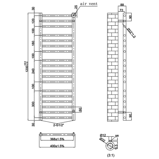 JTP Inox Designer Heated Towel Rail 1200mm H x 400mm W - Brushed Stainless Steel - Envy Bathrooms Ltd