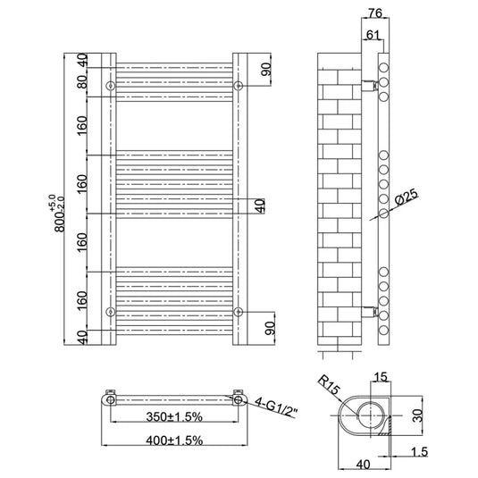 JTP Inox Designer Heated Towel Rail 800mm H x 400mm W - Stainless Steel - Envy Bathrooms Ltd