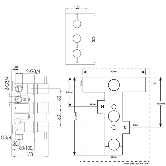 JTP Inox Thermostatic Concealed 3 Outlets Shower Valve Triple Handle - Stainless Steel - Envy Bathrooms Ltd