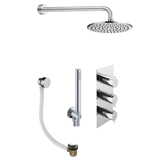 JTP Kio 3 Outlet Concealed Valve With Arm, Showerhead, Water Outlet, Holder & Exofil Click Clack Waste - Chrome - COMSTPK2 - Envy Bathrooms Ltd