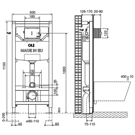 JTP Pre-Wall Freestanding WC Frame 1150mm H x 500mm W (Including Brackets and Bend) - Envy Bathrooms Ltd