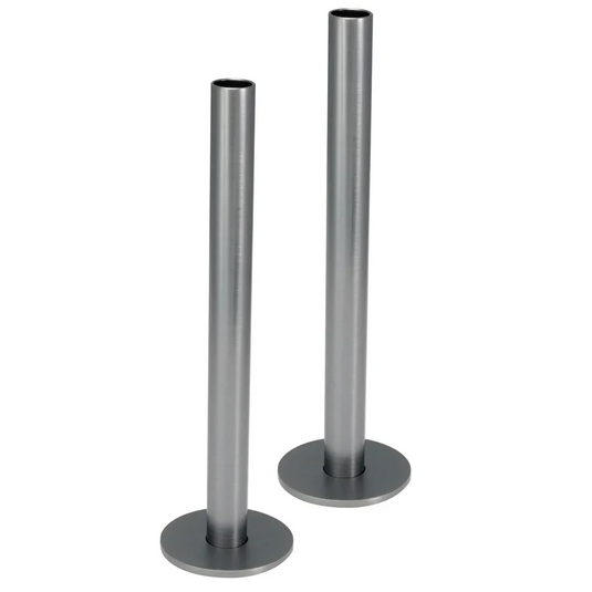 Pair of stainless steel radiator pipe sleeves with matching collars on white background
