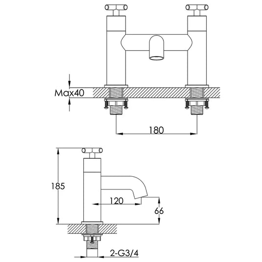 JTP Solex 2-Hole Deck Mounted Bath Filler Tap - Brushed Brass - Envy Bathrooms Ltd