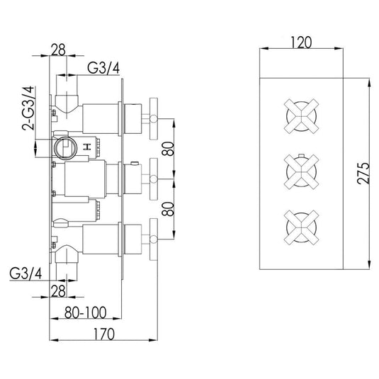 JTP Solex 2-Outlet Triple Handle Thermostatic Concealed Shower Valve - Brushed Brass - Envy Bathrooms Ltd