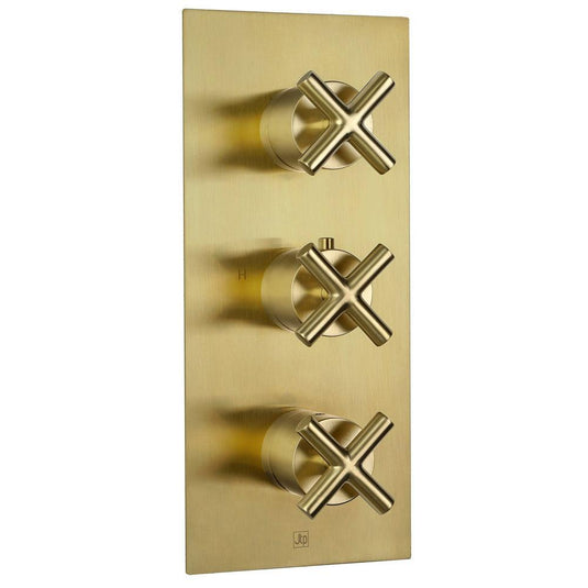 JTP Solex 2-Outlet Triple Handle Thermostatic Concealed Shower Valve - Brushed Brass - Envy Bathrooms Ltd