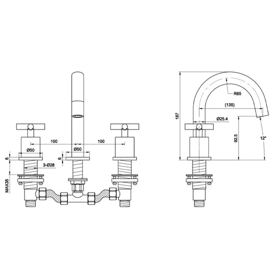JTP Solex 3-Hole Wall Mounted Crosshead Basin Mixer Tap - Brushed Brass - Envy Bathrooms Ltd
