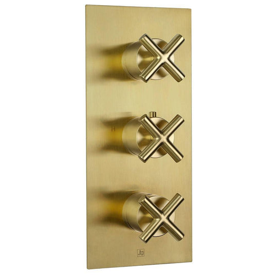 JTP Solex 3-Outlet Triple Handle Thermostatic Concealed Shower Valve - Brushed Brass - Envy Bathrooms Ltd