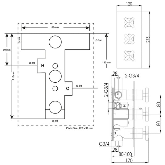 JTP Solex 3-Outlet Triple Handle Thermostatic Concealed Shower Valve - Brushed Brass - Envy Bathrooms Ltd