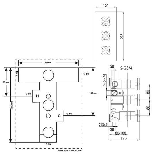 JTP Solex Vertical Thermostatic Concealed 3 Outlets Shower Valve - Chrome - Envy Bathrooms Ltd