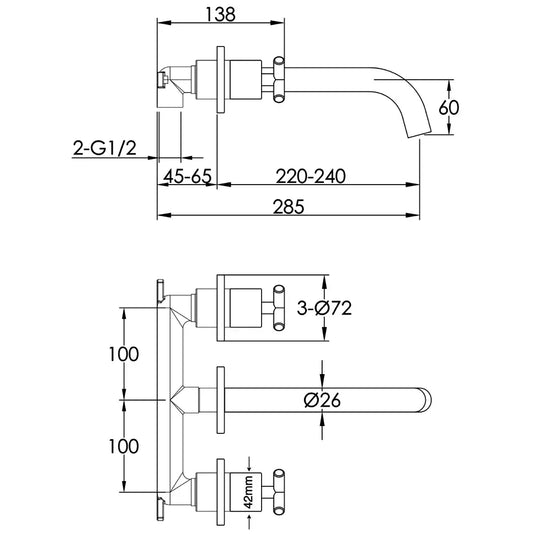 JTP Solex Wall Mounted Basin Mixer Tap - 3 Tap Hole - Matt Black - Envy Bathrooms Ltd