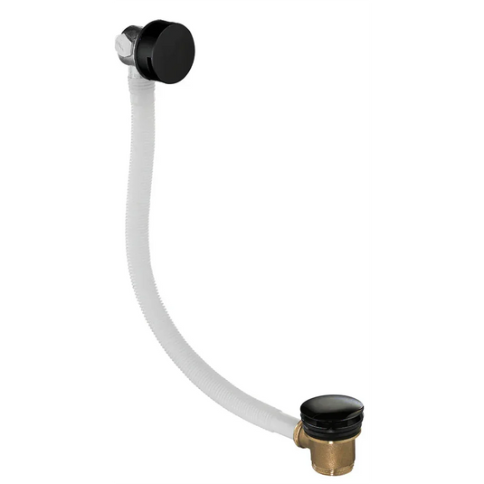 Black bath waste and overflow set with flexible hose and chrome fittings for bathroom installation