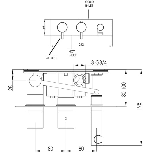 JTP Vos Horizontal Thermostatic 2-Outlets Concealed Shower Valve - Double Designer Handle - Brushed Brass - Envy Bathrooms Ltd