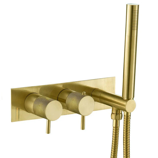 JTP Vos Horizontal Thermostatic 2-Outlets Concealed Shower Valve - Double Designer Handle - Brushed Brass - Envy Bathrooms Ltd