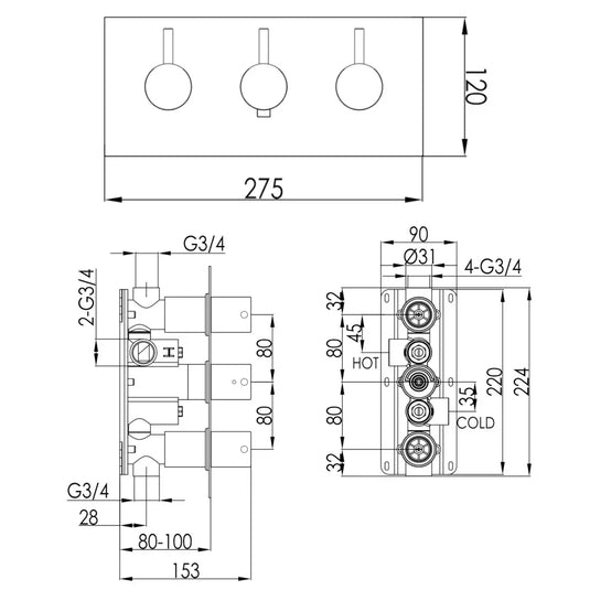 JTP Vos Horizontal Thermostatic 2-Outlets Concealed Shower Valve - Triple Designer Handle - Brushed Brass - Envy Bathrooms Ltd