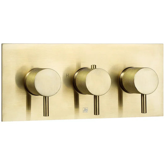 JTP Vos Horizontal Thermostatic 3-Outlets Concealed Shower Valve - Triple Designer Handle - Brushed Brass - Envy Bathrooms Ltd